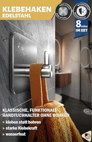 Menz Handtuchhalter ohne Bohren, 8 Haken im Set – Wasserfeste Klebehaken, Edelstahl Handtuchhaken für Bad, hochwertige Haken selbstklebend, Badezimmer Handtuchhalter mit hoher Tragkraft