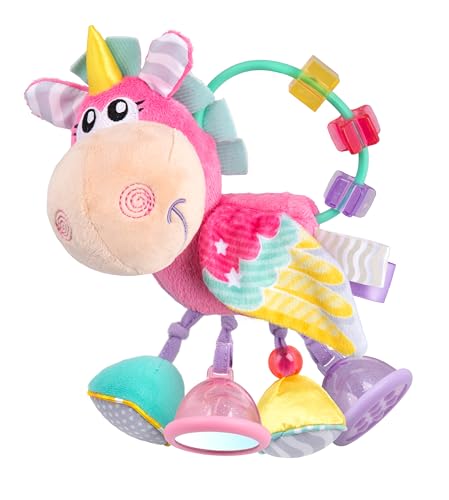 Playgro Unicorn Activity Rattle, chocalho de atividade unicórnio, peluche suave para bebés, a partir de 3 meses, chocalhos e mordedores, brinquedo sensorial não tóxico, chocalho de peluche