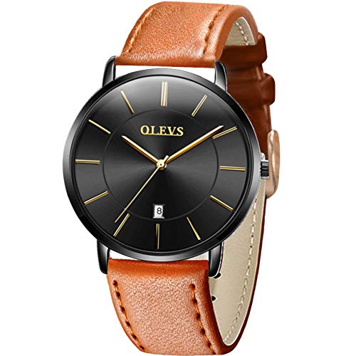 OLEVS Watch Men Leather Watches for Men,Brown Men Watches Luxury Dress Thin Watches Classic Casual Wrist Watch for Men with Date,Wristwatch Men's Quartz Minimalist Watch for Men,relojes de hombre