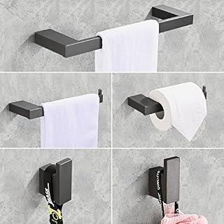 5-Piece Bathroom Hardware Set Bath Accessory Kit Towel Rail Wall Hooks Toilet Paper Holder Space Aluminuml Wall Mounted and Towel Hooks, Grey