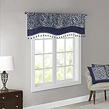 Madison Park Faux Silk Paisley Jacquard, Rod Pocket Curtain with Privacy Lining for Living Room, Kitchen, Bedroom and Dorm, 50 in x 18 in, Blue Bead Trim
