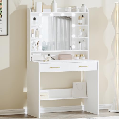 Hzuaneri Tocador de Maquillaje, con Espejo y luz LED, Estilo Moderno, Estación de Maquillaje con Estantes Abiertos y 2 Cajones, para Dormitorio, Salón, 40 x 80 x 149cm, Blanco DT08203X