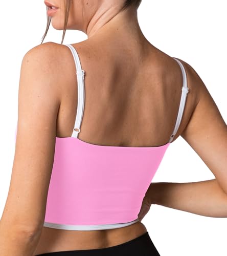 Image of Sleeveless Spaghetti Strap Padded Sports Bra Tank Tops Square Neck Double Layer Workout Fitness Basic Crop Tops