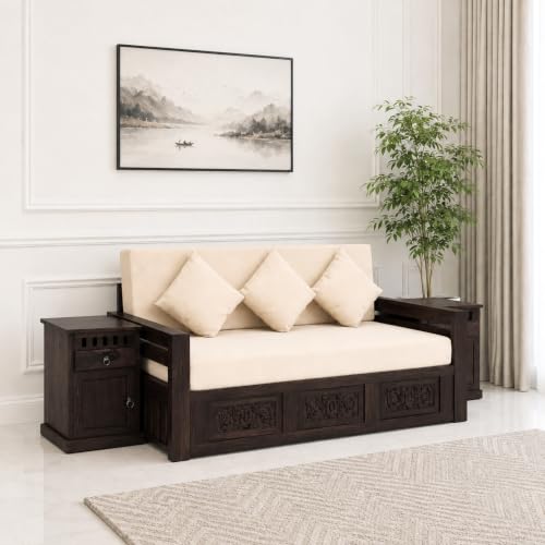Image of SONA ART & CRAFTS Maharaja Sheesham Wood 3 Seater Sofa Cum Bed with Bedside | Wooden 3 Seater Sofa for Living Room Wooden Furniture Sofa Bed for Home (Walnut Finish)