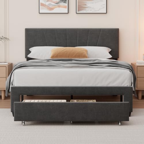 Image of Aptliton Double Bed Frame, Upholstered Bed with Large Storage Drawer, Adjustable Headboard, Sturdy and Noise-Free, No Box Spring Required(Grey)