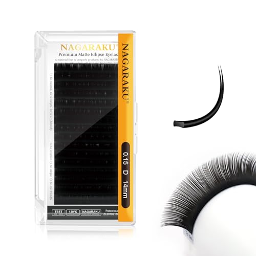 NAGARAKU Ellipse Flat Eyelash Extension with Double Tip Shape, Professional Sturdy Curl, Individual Natural, Single Volume Eyelashes, Split Tip, Matte Black, 16 Rows (0.15 D 14 mm)