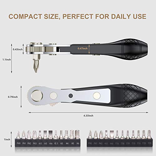 Greatalent 25In1 S2 Steel Mini Ratchet Wrench Screwdriver Bit Set With 1/4" Hex Shank Phillips/Slotted/Hexagon/Torx Bits, 36-Tooth Gear, Magnetic Bit Holder, 90 Degree Offset Reversible Drive Handle #TOP6