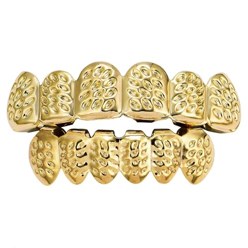yufana Hip Hop ZäHne Set, 6 Zähne Zähne Schmuck, Gold Hip Hop Zähne Grill Vergoldete Zähne Hip Hop Rapper Glänzend Oben Unten, Halloween Cosplay Party Gefälligkeiten (Gold)