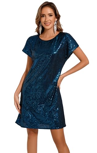 Image of Women's Crewneck Sequin Shift Dress Short Sleeve Casual Holiday Sparkly Party Dress