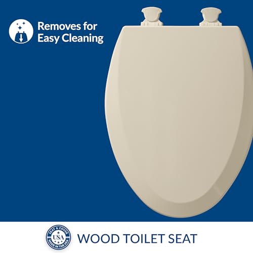 Image of Bemis 1500EC 146 Almond Elongated Molded Wood Toilet Seat with Easy-Clean & Change Hinge