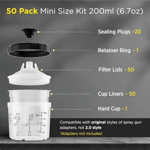 InoKraft D1 LVLP Air Spray Gun+Disposable Paint Sprayer Gun Cup 6 Ounce(200ml) Kit with 50 Cups and Lids System, 1 Hard Cup with Retainer Ring and 20 Plugs