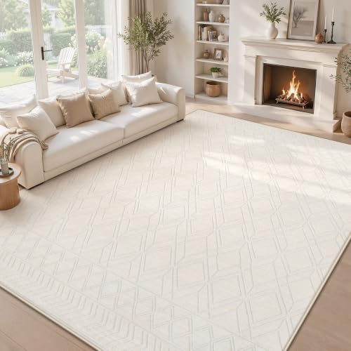 8x10 Area Rugs Washable Rug: Geometric Moroccan Farmhouse Rugs Large Living Room Rug Modern Neutral Soft Non-Slip Printed Pattern Carpet for Bedroom Dining Room Nursery Office (Beige, 8'x10')