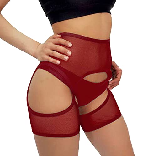 Bzb Women's High Waist Booty Polo Dance Shorts See Through Mesh With Garter Belt Yoga Hot Pants Athletic Workout Bottoms Wine Red #TOP2