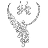 Janefashions Peacock Clear White Austrian Rhinestone Crystal Bib Statement Necklace Earrings Jewelry Set Party Bridal Wedding Silver N1391