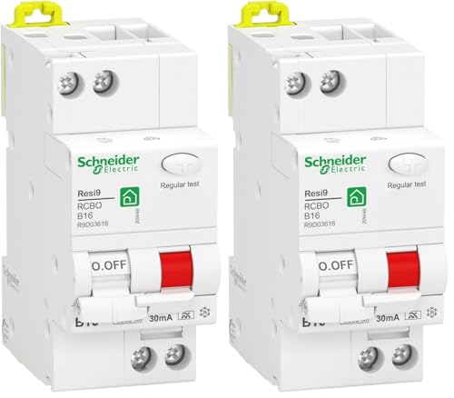 Schneider Electric FI-/Leitungsschutzschalter Resi9, 1-polig+N, 16A, 30mA, B-Charakteristik, Typ A, 6kA, grau, Artikelnummer R9D01616, 2 Stück