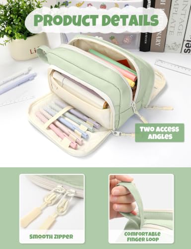 Image of SUNEE Cute Pencil Case, Aesthetic Pen Pouch with 3 Compartments, Kawaii Colored Large Pencil Bag with Zipper, Stationery Storage and Organizer, Green School Supplies for Teen and Adult Girls