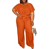 TOPSRANI Plus Size Womens Lounge Set Casual Sweatsuits Short Sleeve Button Down T-Shirts 2 Piece Outfits Baggy Wide Leg Pant Sets with Pockets Orange 3XL