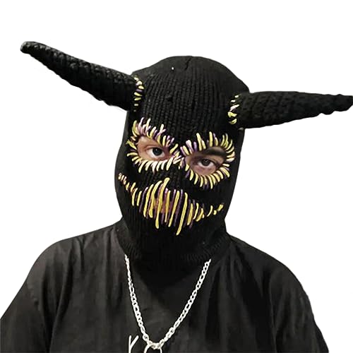 Dsgzkk Winter Hats with Devil Horns Sewed Mouth Scars Knitted Hat for Women Halloween Ski Mask Warm Knit Hat for Adults