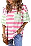 Womens Oversized Color Block Striped Tshirts Summer Casual Short Sleeve Tops Loose Fit Crew Neck Shirts Pink Green