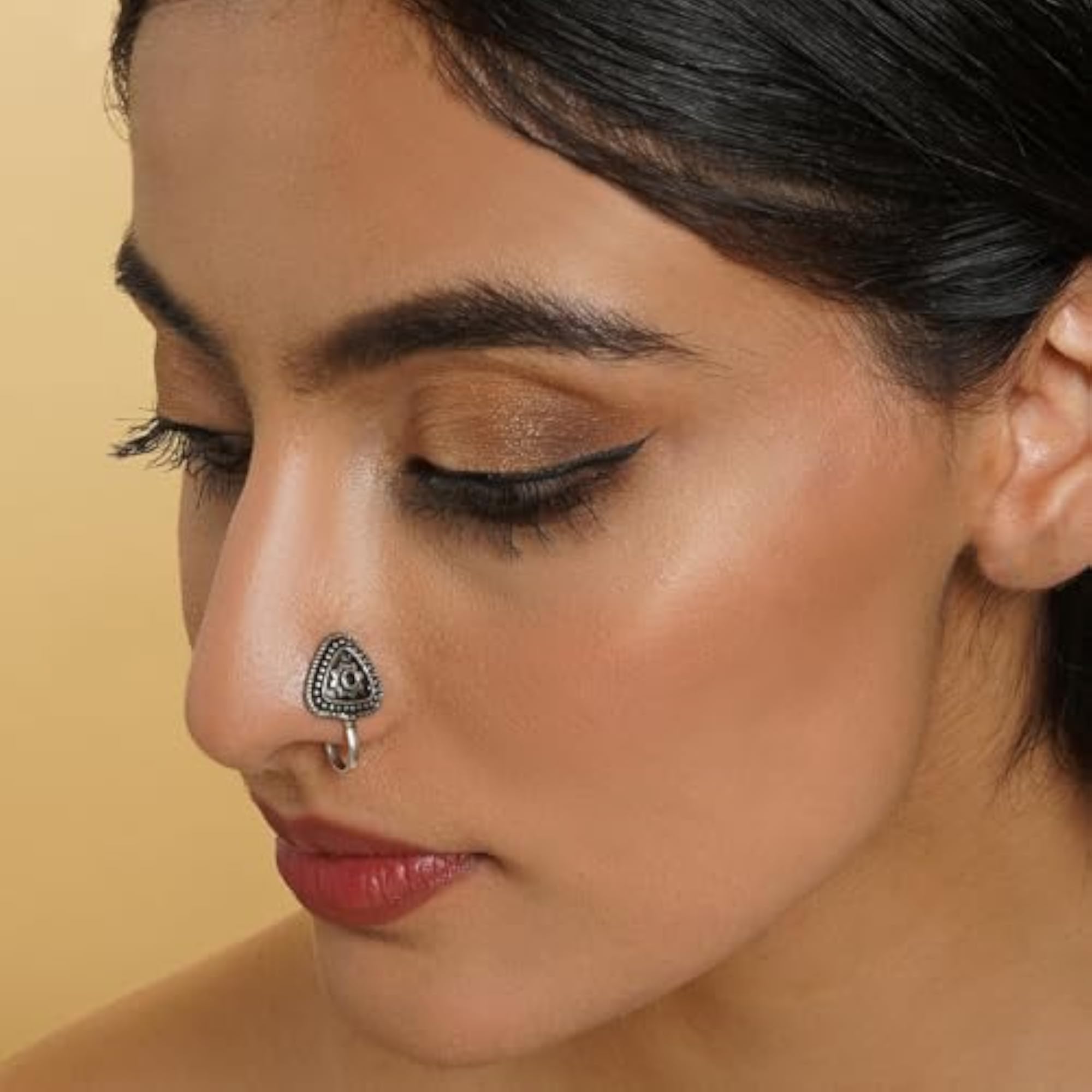 Silver Oxidised Nose Pin, Traditional Design