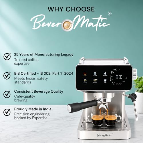 Image of BM100 Espresso Coffee Machine for Home & Office-20 Bar Cappuccino & Latte Maker with Milk Frother & Touchscreen Display |Coffee Maker Machine,1350W, 1.8L Tank | BIS Certified,Made in India