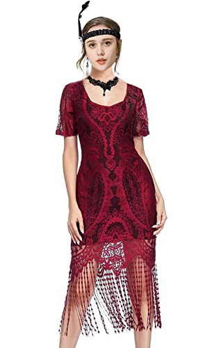 Image of Women 1920s Gatsby Flapper Dress Sexy Open Back Strap Fringed Cocktail Party Dress with 20s Accessories