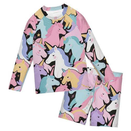 Traje de baño manga larga de niños para playa y piscina con unicornios coloridos