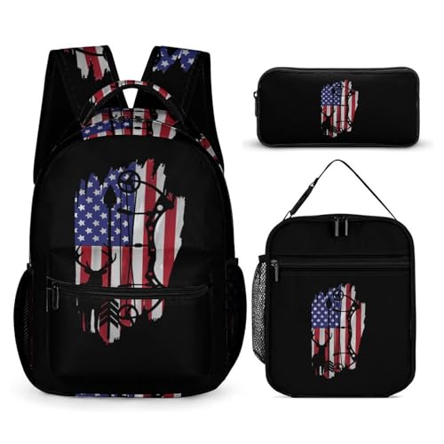 Bow Hunting U.S. Flag Cute Backpacks Set Lightweight Lunch Bag Aesthetic Pencil Cases for Travel Work