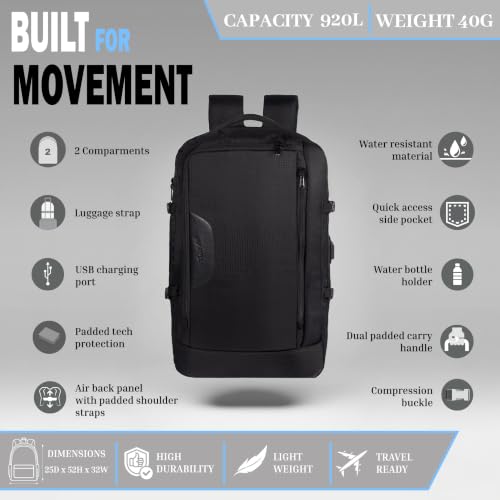 Image of F Gear Blackhawk Black 40L Laptop Backpack with USB Charging Port & Luggage Strap | 180 Openable for Easy Packing, 2 Compartments & 1 Pocket, Water-Resistant Travel & Office, Fits Upto 17 Inch Laptop
