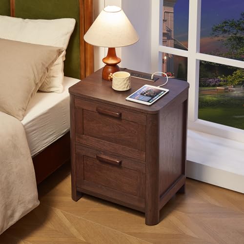 Image of Joaxswe Farmhouse Night Stand with Charging Station, End Tables Bedroom with 2 Large Drawers & 4 Thickened Table Legs, Walnut