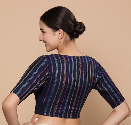 Image of Studio Shringaar Women's Cotton Handloom Stripes Stretchable (Smocked) Readymade Saree Blouse