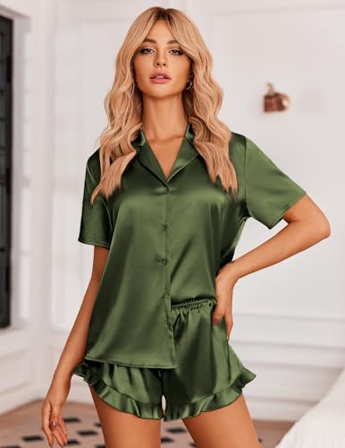 Image of Ekouaer Womens Satin Pajamas Set Button Down 2 Piece Silk Pjs Shorts Set Ruffle Lingerie Notch Collar Sleepwear