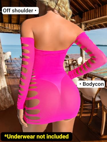 Image of Kaei&Shi Sexy Club Outfits for Women,Mesh Cutout Mini Dress,Off Shoulder Birthday Bodycon Dresses