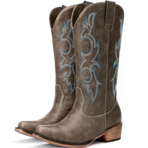 Cowboy Boots for Women - Embroidered Cowgirl Boots Western Mid Calf Fashion Chunky Heel Pointed Toe Country Boot
