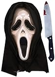 Maschera in plastica bianca con rete nera per occhi e bocca. Attaccato a un cappuccio in tessuto nero, questo è per coprire tutta la testa per un look spaventosamente realistico.