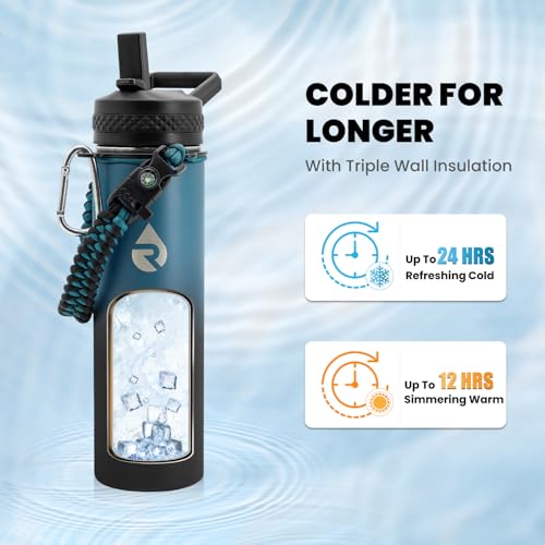 Image of RAYMYLO Insulated Water Bottle 20 oz, Triple Wall Vacuum Stainless Steel (Cold for 24Hrs, Hot for 12Hrs), Leak Proof & Non-BPA, Modern Water Bottle Jug for School with Straw Spout Lids