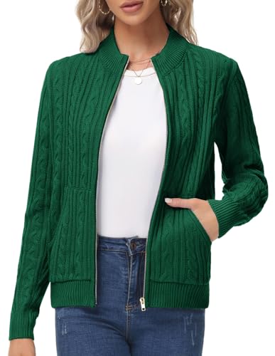 KANCY KOLE Women's Zip Up Cable Knit Sweater Long Sleeve Open Front Cardigan Warm Cardigan with Pockets Outwear Coat