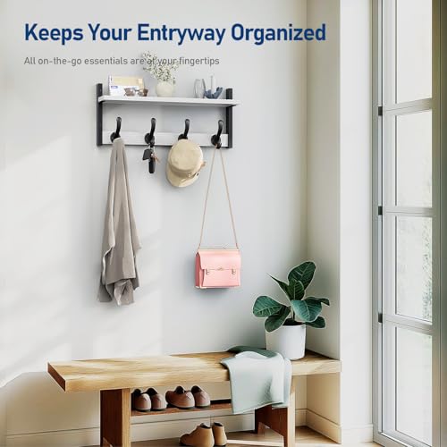 Image of Tatub 20 inch Rustic Coat Rack Wall Mount with Shelf, Wall Hooks with Shelf, Heavy Duty Entryway Organizer Hangers for Hanging, Hat, Bag, Jacket for Bathroom, Living Room, Bedroom, White