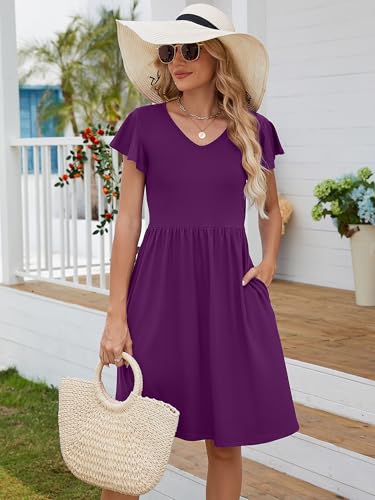 Image of Heymoments Women Summer Dress Violet Purple X-Large Ruffle Sleeve Crewneck Casual Cute Loose Sundress Comfy Swing Midi Work Flowy Tunic Ladies Beach Vacation Teacher Dresses with Pockets