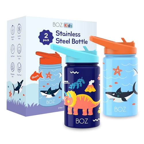 BOZ Kids Insulated Dino Water Bottle with Straw Lid - Two-Pack Bundle, Shark and Dinosaur Vacuum Double Wall Water Cup, Toddler Stainless Steel Water Bottle, Scratch-resistant 14 oz (414ml)