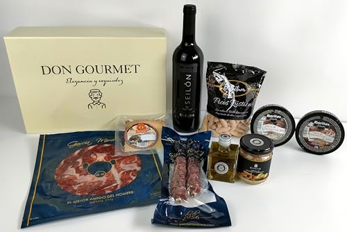 DON GOURMET, Cesta Gourmet para Regalar, Cesta Navidad, Queso curado, jamón ibérico, Fuet ibérico, lote embutidos ibéricos, aceite de oliva virgen extra, patés, pack ibéricos, Regalo Día de la Madre.