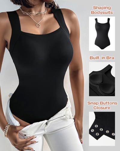 Womens Built in Bra Seamless Tank Top Square Neck Sleeveless Bodysuit Slim Fit Basic Shapewear Undershirt2