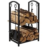Sunnydaze 4-Piece Fireplace Log Rack & Tool Set – Tidy Firewood Holder for...