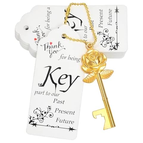 Aokbean 100 Sets Rose Flower Shaped Keys Wedding Favors Gift for Guest Bulk Skeleton Key Bottle Opener with Card and Chain for Rustic Party Bridal Showers Decorations (Gold) Cover