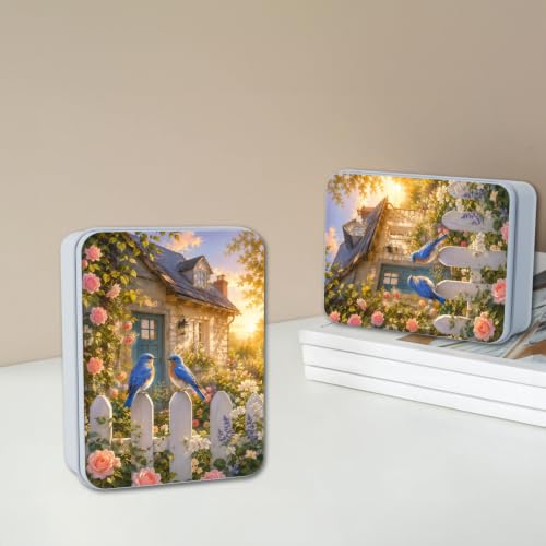 Image of Decorative Metal Tin Box with Lid,Bluebirds Fence Flower Organizer