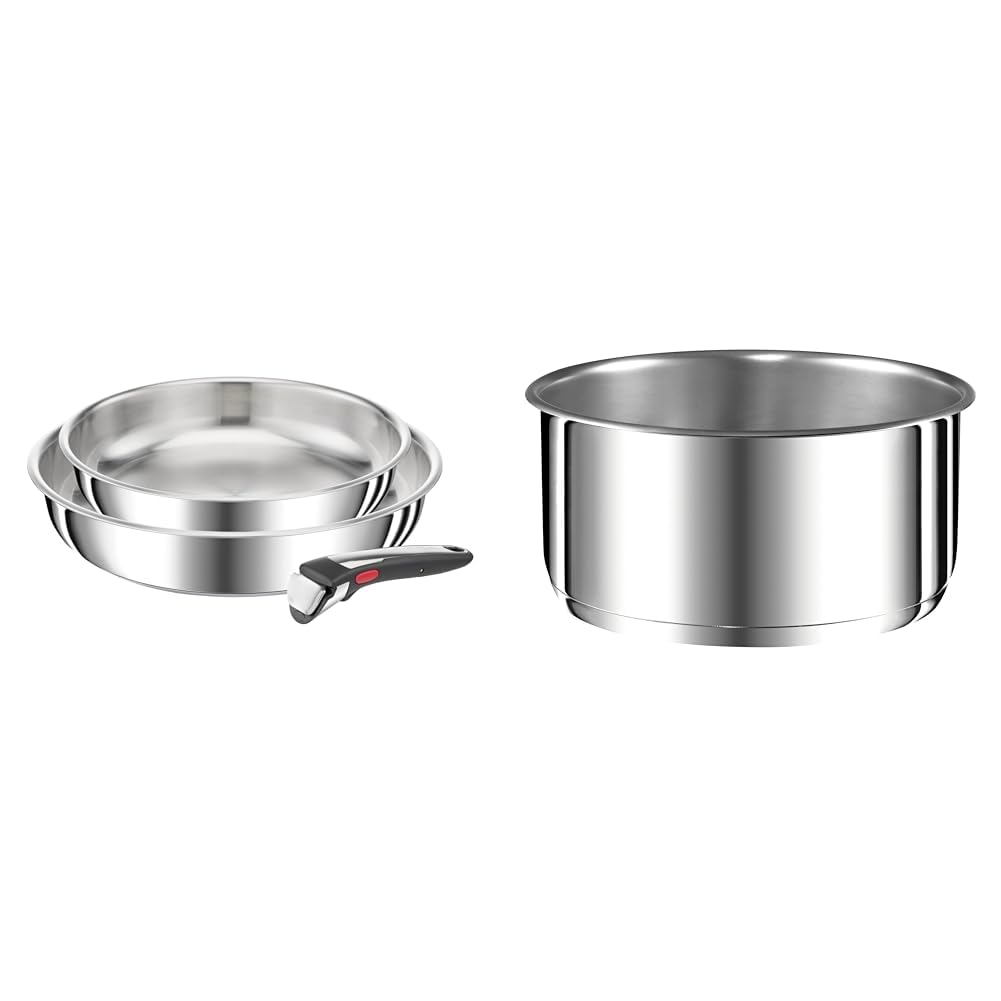 TEFAL Ingenio Preference On Lot de 2 Poêles 24/28 cm + poignée amovible, Induction, Acier inoxydable & Ingenio Preference Casserole 22 cm, Empilable, Acier inoxydable, Induction, Polyvalence