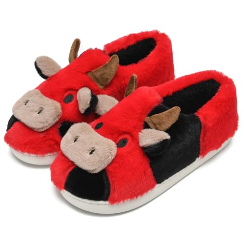NZFUN Cow Slippers for Women and Men, Fluffy Cute Cozy Cartoon Cow Fuzzy House Slipper Womens Cows Animal Plush Funny Furry Kawaii Bedroom Pillow Cloud Slippers Indoor and Outdoor Shoes, Red Black