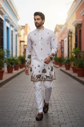 Image of Trustous Men's White Printed Kurta | Stylish Ethnic Wear Kurta for Men | Regular Fit Traditional Kurta | Festive, Wedding, Party & Casual Wear