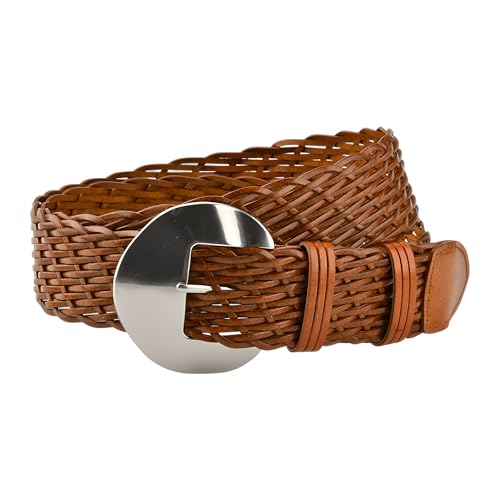 Women Braided Leather Belt for Jeans and Dresses 1.8 Inch Wide Hand Woven Western Belts with Silver Buckle