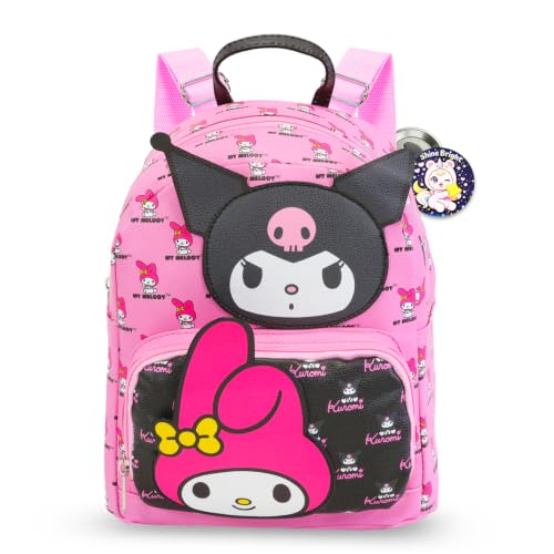 Minismochila feminina My Melody and Kuromi – Mochila My Melody de couro sintético de 30 cm com bolso frontal e marcador de livro, adesivos, mais | Mochila Sanrio pequena, Multicor, Kuromi Mini